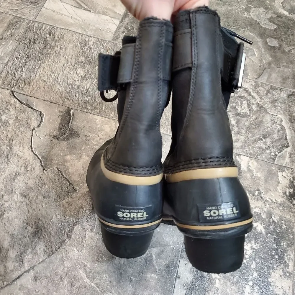 Sorel Fancy Lace II Black Oiled Suede Leather Winter Snow Duck Boots Woman's 9‎